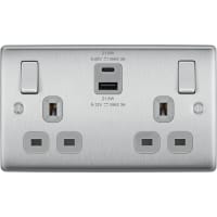 BG Nexus Metal 13A Double Switched Socket USB- A&C 22W Brushed Steel