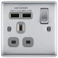 BG Nexus Metal Brushed Steel 13A Single Switched Socket with 2 x USB A (2.1A) Grey Inserts