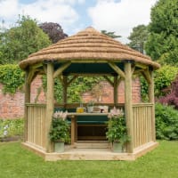 Forest Hexagonal Wooden Garden Gazebo with Thatched Roof Furnished 3.6m Green - Installed