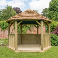 Forest Hexagonal Wooden Garden Gazebo with Thatched Roof 3.6m Green - Installed