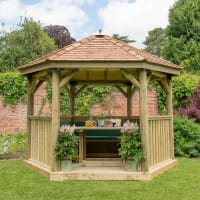 Forest Hexagonal Wooden Garden Gazebo with Cedar Roof 3.6m Green - Installed