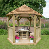 Forest Hexagonal Wooden Garden Gazebo with Thatched Roof Furnished 3m Cream - Installed