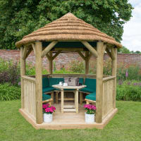 Forest Hexagonal Wooden Garden Gazebo with Thatched Roof Furnished 3m Green - Installed