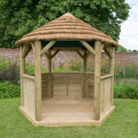 Forest Hexagonal Wooden Garden Gazebo with Thatched Roof 3m Cream - Installed