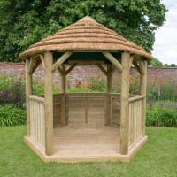 Forest Hexagonal Wooden Garden Gazebo with Thatched Roof 3m Green - Installed
