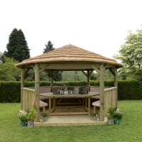 Forest Hexagonal Wooden Garden Gazebo With Thatched Roof Furnished 4.7m Cream - Installed