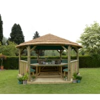 Forest Hexagonal Wooden Garden Gazebo With Thatched Roof Furnished 4.7m Green - Installed