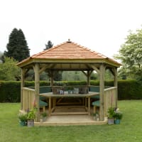 Forest Hexagonal Wooden Garden Gazebo With Cedar Roof 4.7m Green - Installed