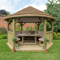 Forest Hexagonal Wooden Garden Gazebo With Thatched Roof Furnished 4m Cream - Installed