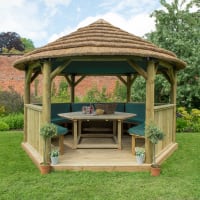 Forest Hexagonal Wooden Garden Gazebo With Thatched Roof Furnished 4m Green - Installed