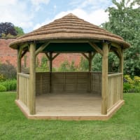 Forest Hexagonal Wooden Garden Gazebo With Thatched Roof 4m Cream - Installed