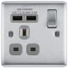 BG Nexus Metal Brushed Steel 13A Single Switched Socket with 2 x USB A (2.1A) Grey Inserts