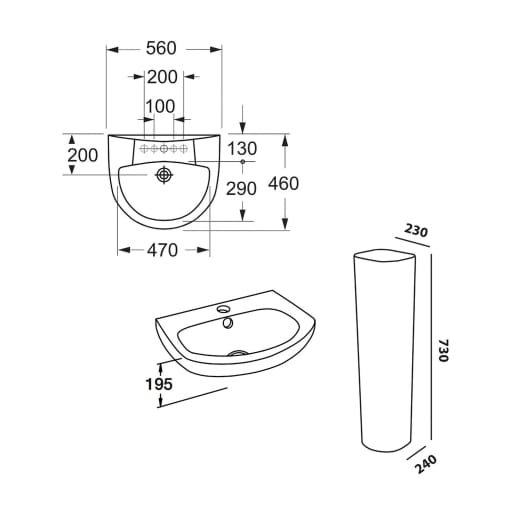 Essential Ocean 2 Tap Hole Basin and Pedestal 920 x 560mm White