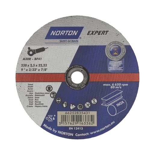 Norton Steel-Inox Flat Metal Cutting Disc 230 x 2.5 x 22.23mm