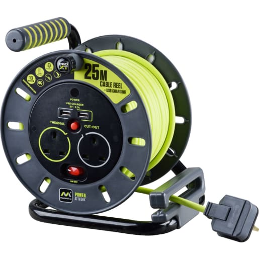 PRO XT 13A 2 Gang 25m Cable Reel 2.1A 2G Type A USB Charger