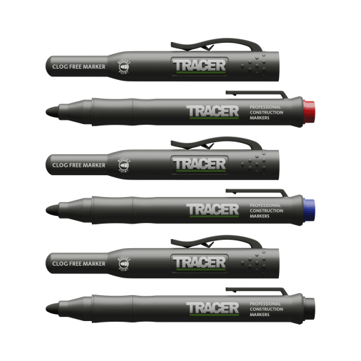 TRACER Clog Free Marker Kit - 3pc pack (1x Black / 1x Blue / 1x Red) c/w Site Holsters.