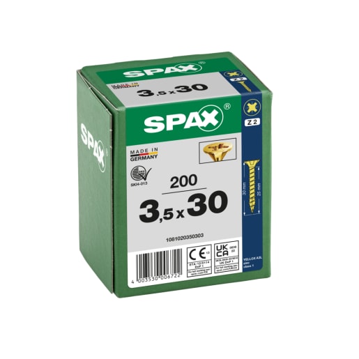 SPAX YELLOX Coated Universal Woodscrews PZ2 Bit Recess 3.5 x 30mm Box of 200