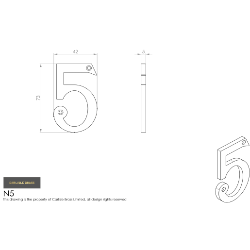 Carlisle Brass Numeral '5' Face Fix Number 76mm Polished Brass