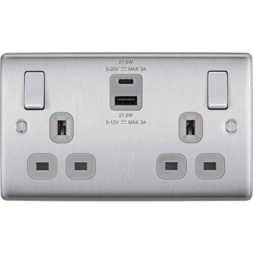 BG Nexus Metal 13A Double Switched Socket USB- A&C 22W Brushed Steel