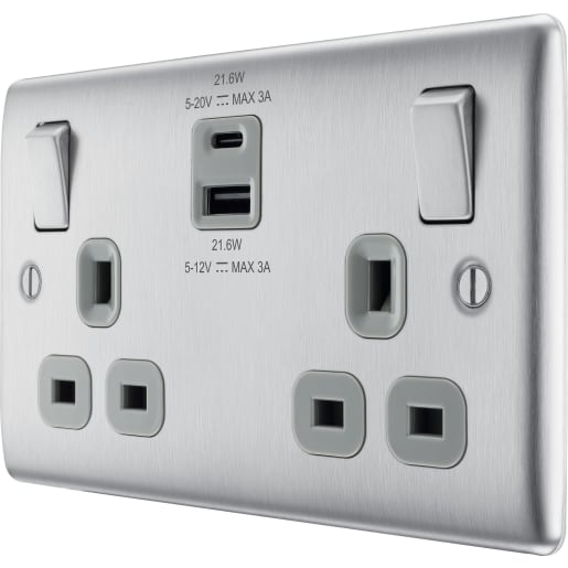 BG Nexus Metal 13A Double Switched Socket USB- A&C 22W Brushed Steel