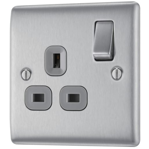 BG Nexus 13A Single Switched Socket Brushed Steel Grey Inserts
