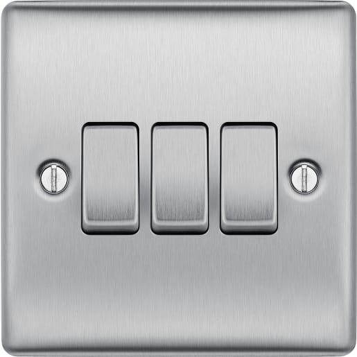 BG Nexus Metal 20A Triple Wall Light Switch 2 Way Brushed Steel