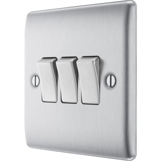 BG Nexus Metal 20A Triple Wall Light Switch 2 Way Brushed Steel