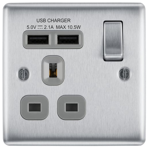 BG Nexus Metal Brushed Steel 13A Single Switched Socket with 2 x USB A (2.1A) Grey Inserts