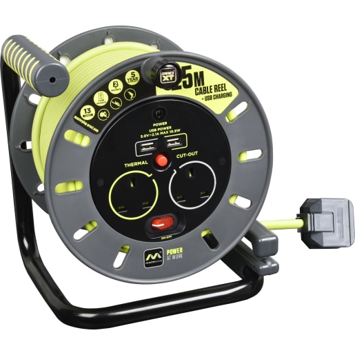 Masterplug Two Socket with USB 13A Medium Open Reel with 25m Cable