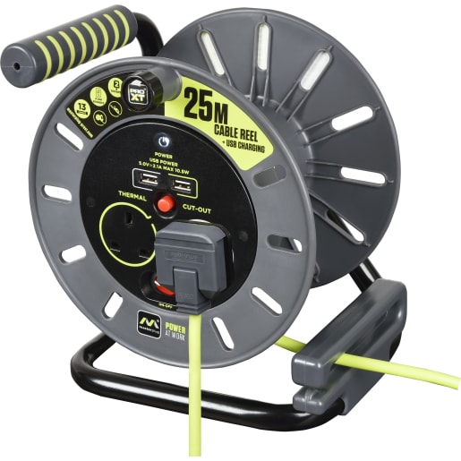 Masterplug Two Socket with USB 13A Medium Open Reel with 25m Cable