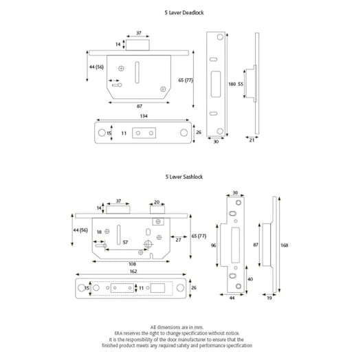 ERA Viscount 5 Lever Security Deadlock 2 1/2 inch / 65mm  Chrome Finsh