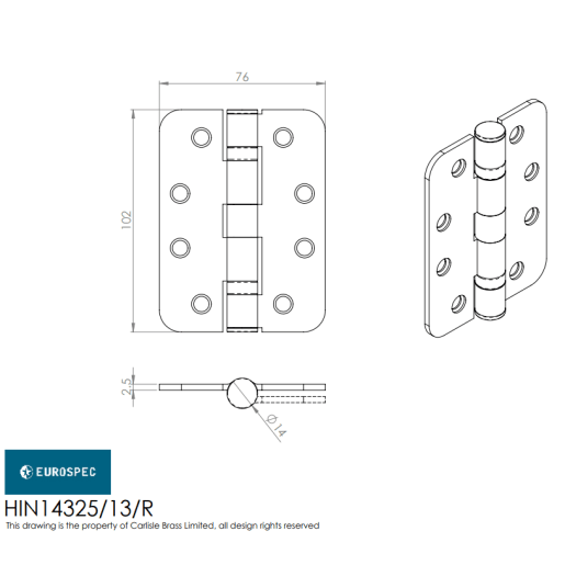 Eurospec Fire Door Ball Bearing Hinge Satin Stainless Steel Pack of 3