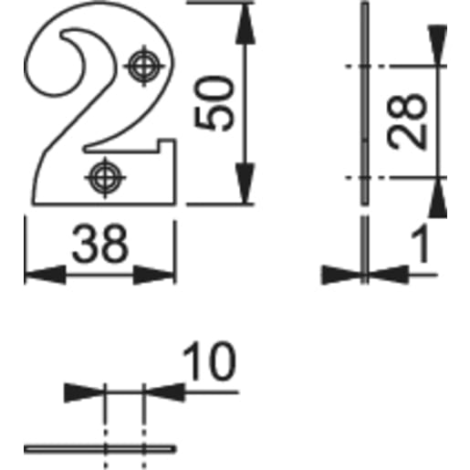 Arrone Face Fix '2' Numeral 50 x 22 x 1mm Satin Anodised Aluminium AR140/2-SAA