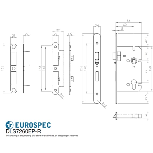 Eurospec Easi-T Contract Din Euro Profile Sashlock Radius Escape Lock 86mm Satin Stainless Steel