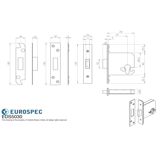 Eurospec Flat Bathroom Deadlock 76mm Backset Satin Chrome