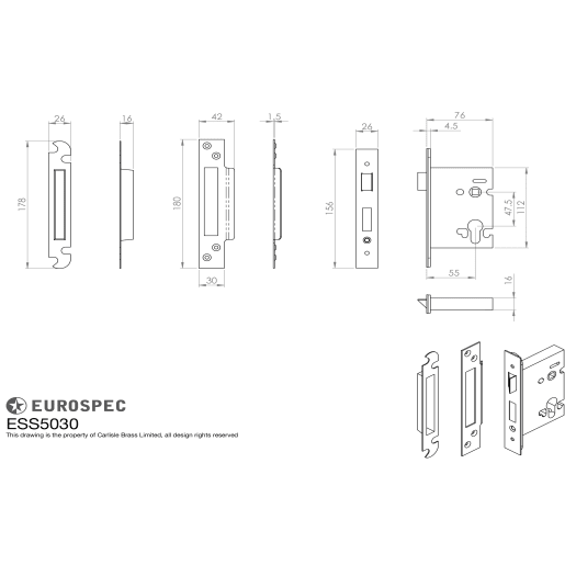 Carlisle Brass Easi-T Euro Profile Sashlock 76mm Satin Stainless Steel