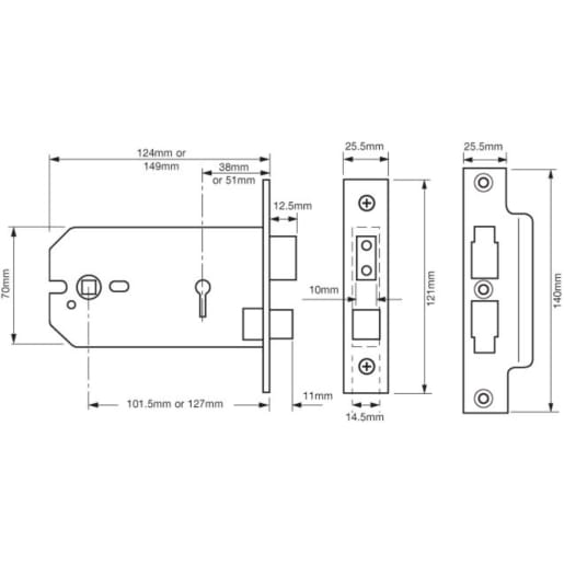 Union 2077 3 Lever Horizontal Mortice Lock 124mm Satin Chrome