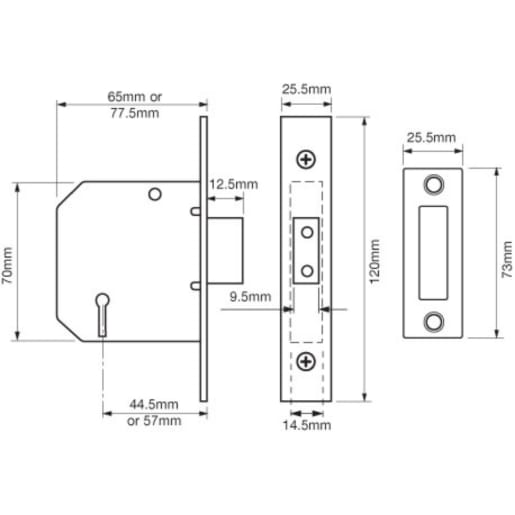 Union 2177 3 Lever Mortice Deadlock 65mm Satin Chrome