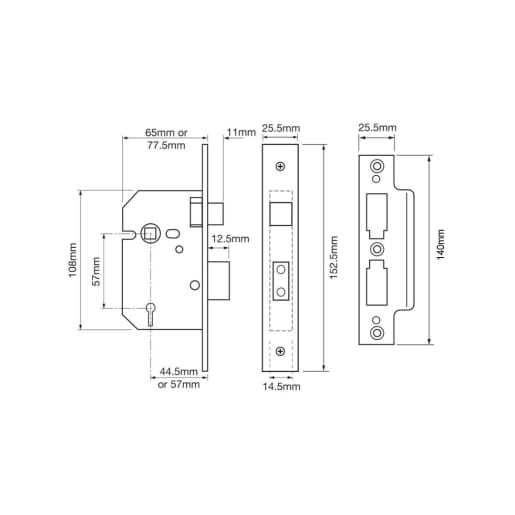 Union 2201 5 Lever Mortice Sash Lock 65mm Satin Chrome