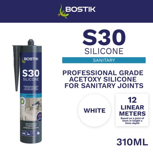 Bostik S30 Acetoxy Sanitary Silicone Sealant 310ml White