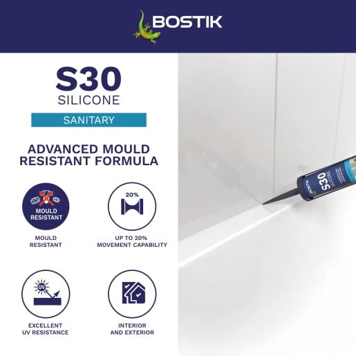 Bostik S30 Acetoxy Sanitary Silicone Sealant 310ml White
