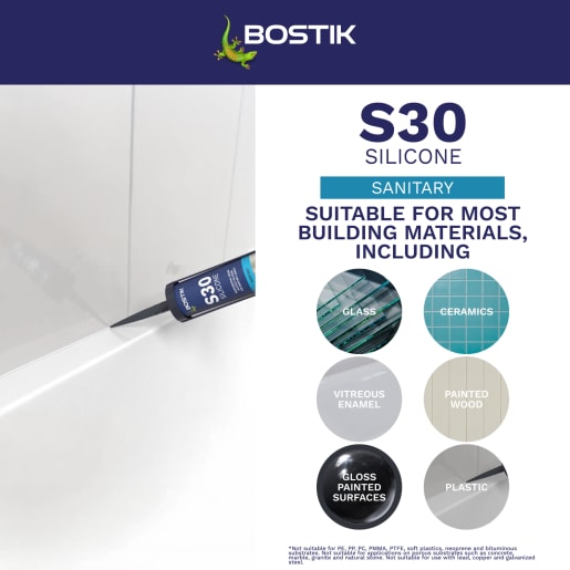 Bostik S30 Acetoxy Sanitary Silicone Sealant 310ml White