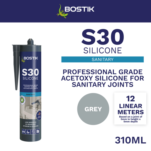Bostik S30 Acetoxy Sanitary Silicone Sealant 310ml Grey