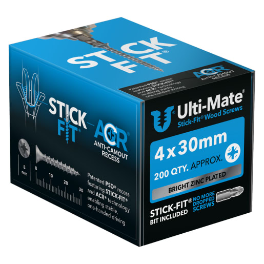 Ulti-Mate® Bright Zinc Stick-Fit Woodscrews - 4.0 x 30mm Box 200