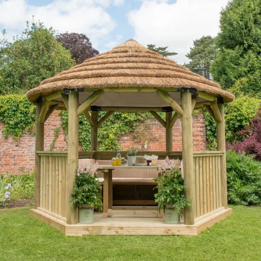 Forest Hexagonal Wooden Garden Gazebo with Thatched Roof Furnished 3.6m Cream - Installed