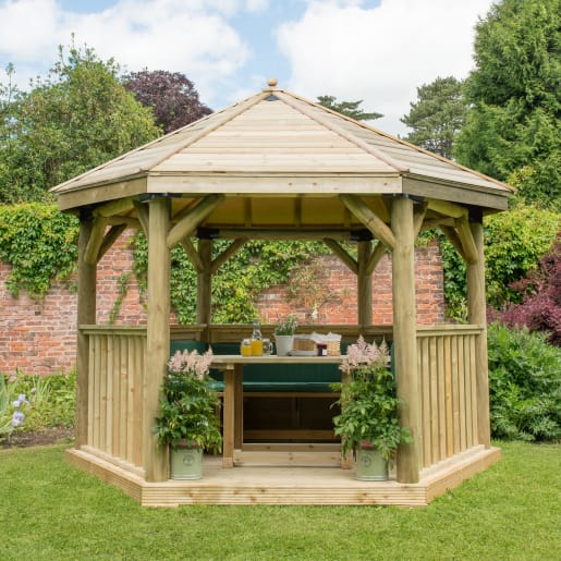 Forest Hexagonal Wooden Garden Gazebo with Timber Roof 3.6m Green - Installed