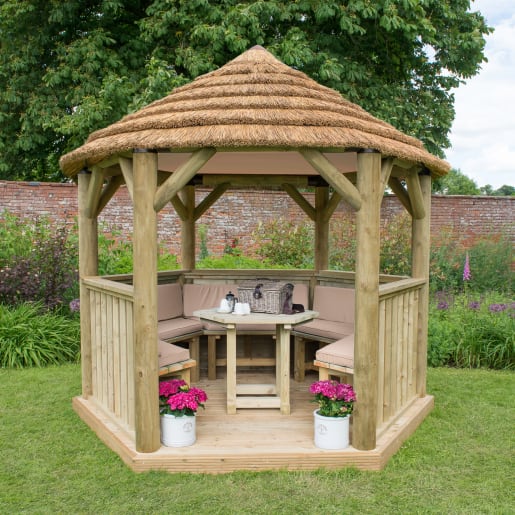 Forest Hexagonal Wooden Garden Gazebo with Thatched Roof Furnished 3m Cream - Installed