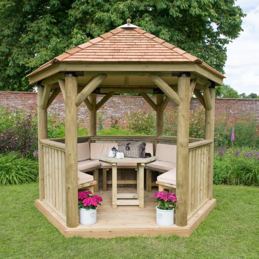 Forest Hexagonal Wooden Garden Gazebo With Cedar Roof 3m Cream - Installed