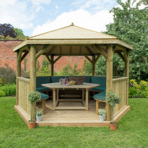 Forest Hexagonal Wooden Garden Gazebo With Timber Roof 4m Green - Installed