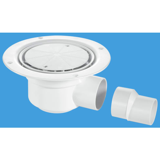 McAlpine 50mm Water Seal Gully with Horizontal Outlet for Sheet Flooring & White Plastic Cover Plate